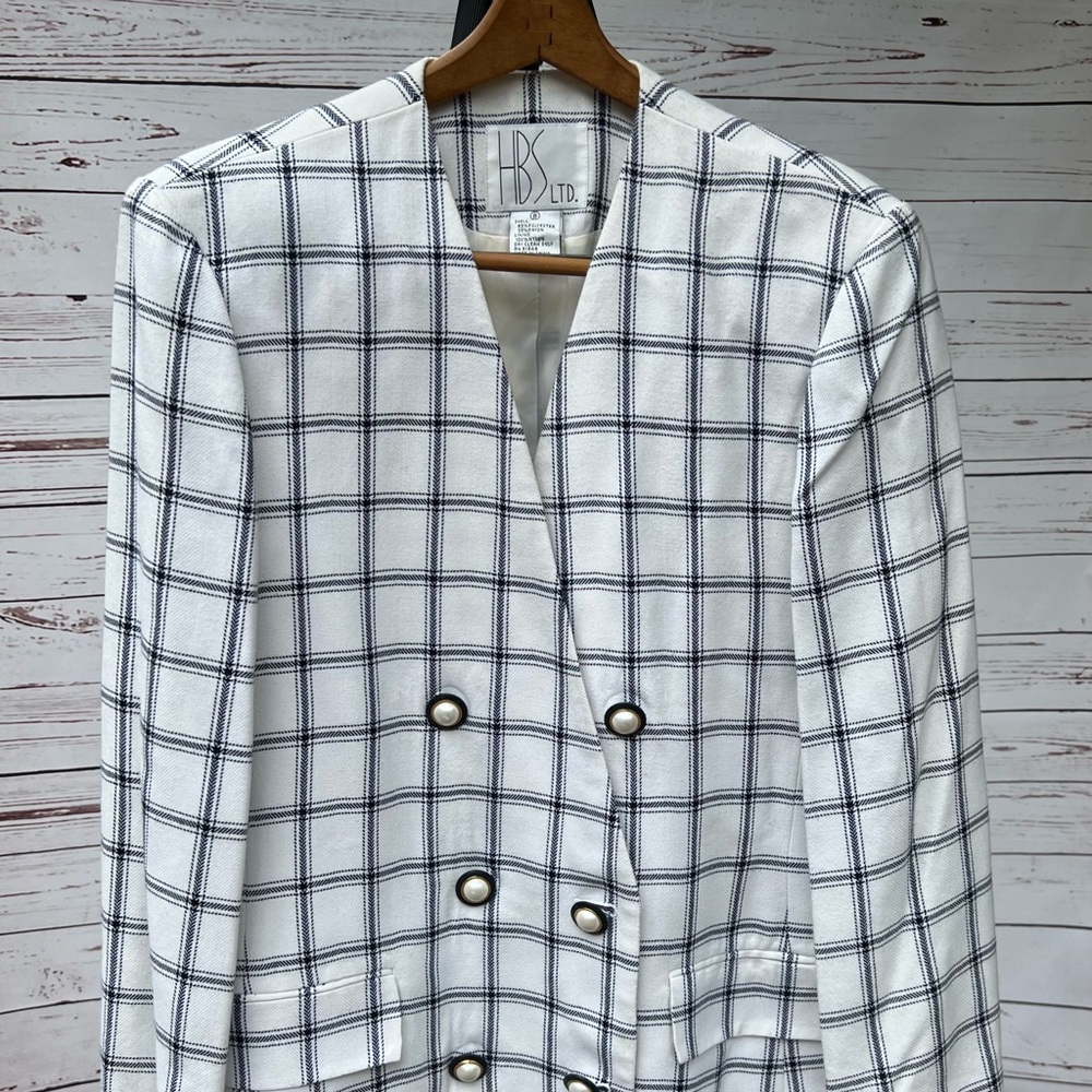 Size 8 HBS LTD. double breasted plaid blazer